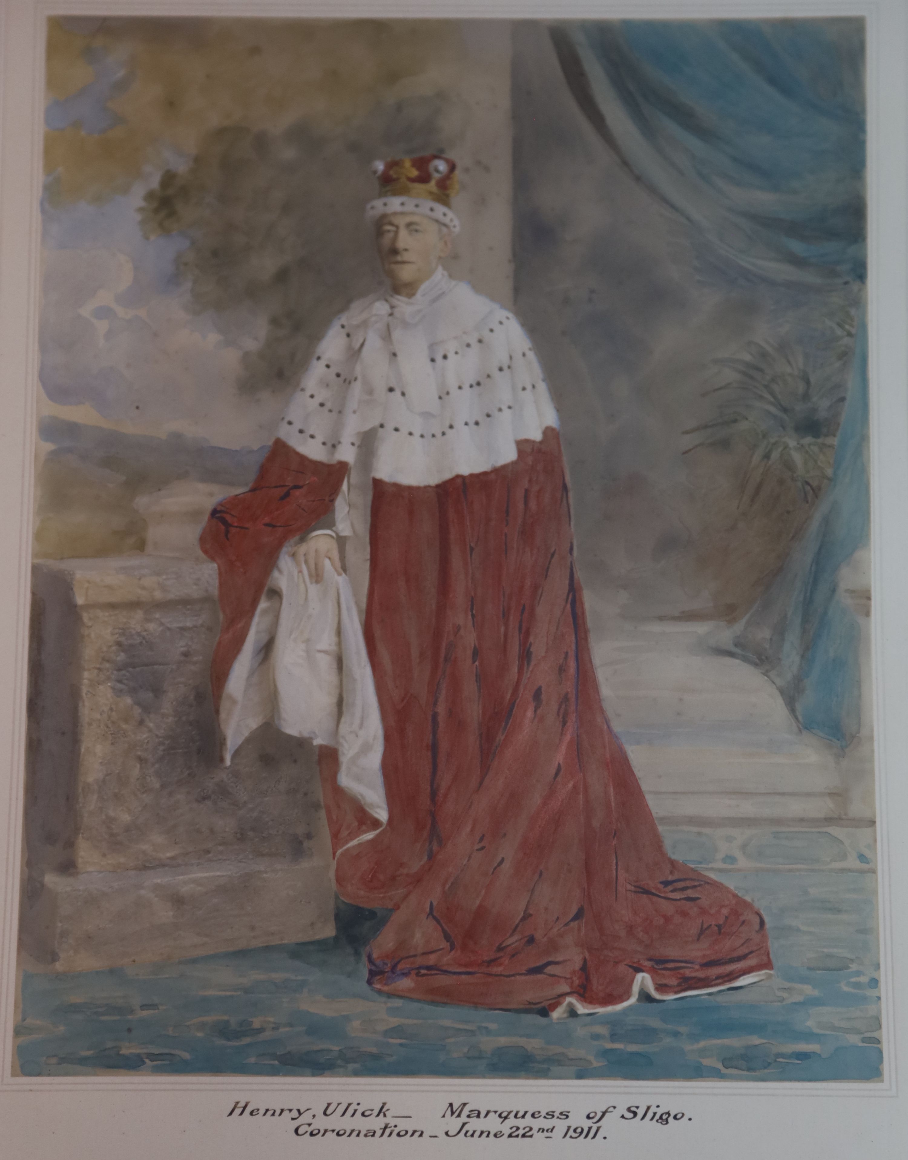 Two pairs of hand tinted photographs of Henry Ulick de Burgh, 7th Marquess of Sligo and Agatha, Marchioness of Sligo, largest overall 5